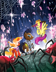 Size: 648x828 | Tagged: safe, artist:tony fleecs, firebrand, strong oak, thrilly filly, earth pony, giant spider, pegasus, pony, spider, unicorn, g4, my little pony: tails of equestria, the festival of lights, armor, cave, clothes, cover, crystal, female, hat, male, mare, spider web, stallion, underdark