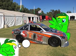 Size: 960x714 | Tagged: safe, artist:didgereethebrony, oc, oc only, oc:didgeree, aussie racing cars, australia, car, dream, irl, photo, ponies in real life, racecar, solo, thought bubble