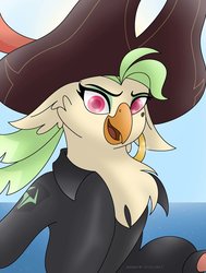 Size: 1024x1357 | Tagged: safe, artist:lavenderrain24, captain celaeno, anthro, g4, my little pony: the movie, clothes, female, hat, looking at you, pirate hat, smiling, solo, storm king's messenger outfit