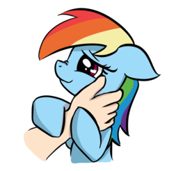 Size: 3550x3488 | Tagged: safe, artist:ophdesigner, artist:skittle_cuddler, edit, rainbow dash, human, pony, disembodied hand, female, floppy ears, hand, mare, offscreen character, simple background, smiling, solo focus, transparent background