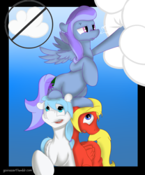 Size: 1280x1536 | Tagged: safe, artist:goina, artist:goinasart, oc, oc only, oc:fross t, oc:macmash potato, oc:peppermint crunch, pegasus, pony, cloud, female, male, mare, stallion, trio