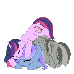 Size: 1678x1677 | Tagged: safe, artist:otpl, oc, oc only, oc:bookhorse, oc:graeyscale, oc:peppermint crunch, pegasus, pony, unicorn, bed, bedroom, cuddle pile, cuddle puddle, cuddling, mare, not twilight sparkle, pony pile, simple background, snuggling, transparent background, trio