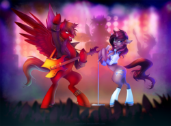 Size: 1000x741 | Tagged: safe, artist:limreiart, oc, oc only, pony, clothes, crowd, drums, female, guitar, male, mare, microphone, musical instrument, singing, stage, stallion