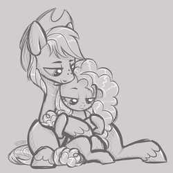 Size: 1024x1024 | Tagged: safe, artist:kellythedrawinguni, bright mac, pear butter, earth pony, pony, g4, cowboy hat, female, freckles, grayscale, hat, male, mare, monochrome, ship:brightbutter, shipping, smiling, stallion, straight