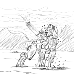 Size: 1000x1000 | Tagged: safe, artist:overkenzie, fallout equestria, armor, canterlot, minigun, power armor, shooting, sketch, solo, steel ranger, wake up and smell the cordite