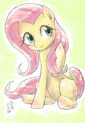 Size: 704x1024 | Tagged: safe, artist:yanamosuda, fluttershy, pegasus, pony, g4, blushing, cute, female, folded wings, looking away, looking sideways, mare, raised hoof, shyabetes, sitting, smiling, solo, wrong eye color