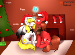 Size: 1684x1232 | Tagged: safe, artist:commypink, oc, oc only, oc:sparkling, christmas, christmas stocking, christmas tree, commission, fireplace, glowing horn, hat, holiday, holly, holly mistaken for mistletoe, horn, love, magic, mistletoe, patreon, patreon logo, present, santa hat, telekinesis, tree