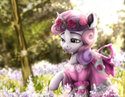 Size: 1800x1400 | Tagged: dead source, safe, artist:makkah, sweetie belle, pony, unicorn, clothes, cute, diasweetes, female, filly, flower, smiling, solo, weapons-grade cute