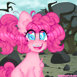 Size: 3000x3000 | Tagged: safe, artist:bunxl, pinkie pie, pony, g4, the cutie mark chronicles, braces, chest fluff, cute, diapinkes, eye reflection, female, filly, filly pinkie pie, heart eyes, high res, looking up, open mouth, pigtails, rainbow, reflection, scene interpretation, smiling, solo, starry eyes, wingding eyes, younger