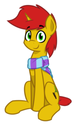 Size: 1100x1800 | Tagged: safe, artist:alexi148, oc, oc only, pony, unicorn, 2018 community collab, derpibooru community collaboration, clothes, looking at you, male, scarf, simple background, sitting, solo, stallion, transparent background