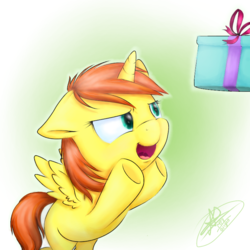 Size: 768x768 | Tagged: safe, artist:matchapony, oc, oc only, oc:horizon sunrise, alicorn, pony, alicorn oc, art, baby, baby pony, bipedal, birthday, birthday gift, box, chibi, chibi pony, curious, cute, digital art, female, filly, foal, gradient background, green background, looking up, present, reaching, simple background, trying to fly, white background