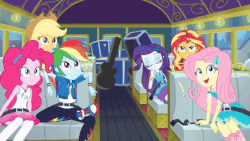 Size: 640x360 | Tagged: safe, screencap, applejack, fluttershy, pinkie pie, rainbow dash, rarity, sunset shimmer, equestria girls, g4, my little pony equestria girls: better together, road trippin, animated, bus, converse, female, rarity peplum dress, seatbelt, shoes, sneakers, tour bus