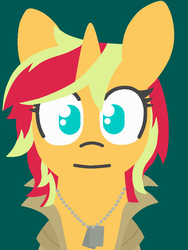 Size: 750x1000 | Tagged: safe, artist:threetwotwo32232, sunset shimmer, pony, unicorn, g4, bust, clothes, coat, dog tags, female, liquid shimmer, liquid snake, looking at you, metal gear solid, parody, portrait, solo