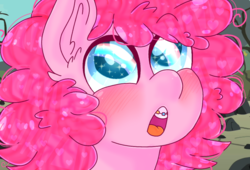 Size: 800x544 | Tagged: safe, artist:jesterfestivle, pinkie pie, pony, g4, the cutie mark chronicles, and that's how equestria was made, blushing, braces, bust, cute, diapinkes, ear fluff, female, filly, filly pinkie pie, looking up, open mouth, rainbow, scene interpretation, solo, starry eyes, wingding eyes, younger