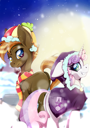 Size: 1358x1920 | Tagged: safe, artist:rariedash, button mash, sweetie belle, earth pony, pony, unicorn, g4, clothes, colt, female, filly, floppy ears, hat, looking back, male, mare, older, older sweetie belle, parka, scarf, ship:sweetiemash, shipping, smiling, snow, stallion, straight, winter