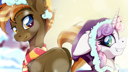 Size: 1920x1080 | Tagged: safe, artist:rariedash, button mash, sweetie belle, earth pony, pony, unicorn, g4, 16:9, clothes, colt, cropped, duo, female, filly, hat, looking back, male, parka, scarf, ship:sweetiemash, shipping, sidemouth, smiling, snow, straight, wallpaper, winter