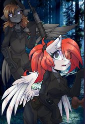 Size: 739x1080 | Tagged: artist needed, safe, oc, oc only, oc:unnamed pegasus, pegasus, pony, anthro, fallout equestria, anthro oc, clothes, female, forest, mare