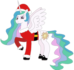 Size: 2255x2148 | Tagged: safe, artist:supahdonarudo, princess celestia, pegasus, pony, g4, christmas, clothes, costume, female, hat, high res, holiday, mare, santa costume, santa hat, simple background, solo, transparent background, vector