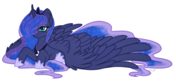 Size: 2400x1150 | Tagged: safe, artist:shenki, princess luna, alicorn, pony, g4, ethereal mane, ethereal tail, female, hair over one eye, jewelry, large wings, mare, partially open wings, prone, regalia, simple background, solo, tail, transparent background, wings
