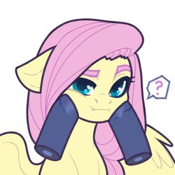 Size: 1575x1577 | Tagged: safe, artist:shenki, fluttershy, pegasus, pony, g4, bust, disembodied hoof, female, floppy ears, mare, pictogram, question mark, raised eyebrow, simple background, solo, spread wings, squishy cheeks, white background, wings