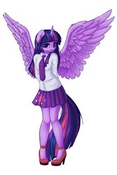 Size: 700x1050 | Tagged: safe, artist:shenki, twilight sparkle, alicorn, anthro, plantigrade anthro, g4, arm behind back, clothes, cute, female, high heels, legs, looking at you, mare, moe, necktie, platform heels, pleated skirt, school uniform, shoes, simple background, skirt, solo, spread wings, stiletto heels, twiabetes, twilight sparkle (alicorn), white background, wings