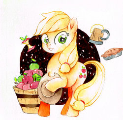 Size: 1600x1564 | Tagged: safe, artist:mashiromiku, applejack, earth pony, pony, g4, apple, applejack's hat, cider, cowboy hat, female, food, hat, looking at you, mare, pie, simple background, smiling, solo, traditional art, watercolor painting, white background