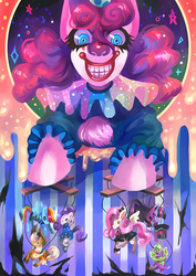 Size: 529x748 | Tagged: safe, artist:flickex, applejack, fluttershy, pinkie pie, rainbow dash, rarity, spike, twilight sparkle, dragon, circus, clown, clown nose, creepy, mane seven, mane six, marionette, puppet, red nose