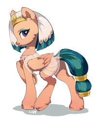 Size: 1440x1800 | Tagged: safe, artist:lispp, somnambula, pegasus, pony, g4, chest fluff, clothes, dock, egyptian headdress, female, fluffy, headdress, looking at you, looking back, mare, raised hoof, see-through, simple background, solo, unshorn fetlocks, white background