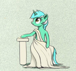 Size: 732x688 | Tagged: safe, artist:el-yeguero, lyra heartstrings, pony, unicorn, g4, bipedal, clothes, column, female, looking up, mare, robe, smiling, solo, toga