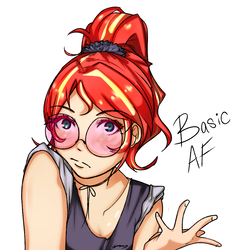 Size: 1000x1000 | Tagged: safe, artist:cronavongorgon, sunset shimmer, human, g4, alternate hairstyle, basic, breasts, bust, cleavage, clothes, eyelashes, female, fingernails, glasses, humanized, long hair, looking at you, multicolored hair, ponytail, red hair, shrug, shrugset shimmer, simple background, solo, white background, yellow hair