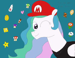 Size: 3202x2498 | Tagged: safe, artist:supahdonarudo, princess celestia, g4, 1-up mushroom, ? block, balloon, clothes, coin, fire flower, hat, heart, high res, i'll be your 1-up girl, male, mario, mushroom, one eye closed, p balloon, p-wing, poison mushroom, retrolestia, shirt, super leaf, super mario, super mario odyssey, super star, wink