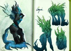 Size: 1100x788 | Tagged: safe, artist:chocokangoo, queen chrysalis, changeling, changeling queen, anthro, g4, book