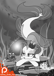Size: 707x1000 | Tagged: safe, artist:arctic-fox, princess skystar, seapony (g4), g4, my little pony: the movie, bored, dialogue, female, monochrome, patreon, patreon logo, seaweed, solo, underwater