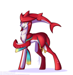 Size: 1079x1110 | Tagged: safe, artist:rimmi1357, merpony, pony, zora, zora pony, he belive in you, male, ponified, prince sidon, sidon, simple background, solo, the legend of zelda, the legend of zelda: breath of the wild, white background