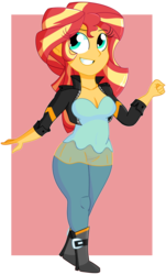Size: 1450x2400 | Tagged: safe, artist:pastelhorses, sunset shimmer, equestria girls, g4, boots, breasts, cleavage, clothes, female, jacket, jeans, pants, shoes, smiling, solo