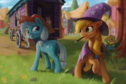 Size: 4479x3000 | Tagged: safe, artist:starblaze25, applejack, trixie, earth pony, pony, unicorn, g4, accessory swap, alternate hairstyle, applejack's hat, cape, clothes, cowboy hat, duo, female, floppy ears, hat, high res, lesbian, looking back, magic wand, mane swap, mare, mouth hold, open mouth, ponyville, raised hoof, shipping, smiling, stetson, the great and powerful, tripplejack, trixie's cape, trixie's hat, trixie's wagon, wand