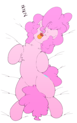 Size: 628x1008 | Tagged: dead source, safe, artist:theobrobine, pinkie pie, earth pony, pony, g4, chest fluff, cute, diapinkes, female, hidden eyes, mare, on back, open mouth, sleeping, smiling, solo, tongue out, uvula, zzz