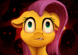 Size: 1024x724 | Tagged: safe, artist:xormak, fluttershy, chimera, dragon, pony, g4, behind you, bust, female, floppy ears, glowing eyes, looking at something, mare, open mouth, red eyes, scared, wide eyes