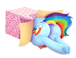 Size: 2509x1909 | Tagged: safe, artist:meowcephei, rainbow dash, pegasus, pony, g4, backwards cutie mark, box, butt, buttstuck, christmas, female, heart, holiday, hoof heart, mare, need to go on a diet, need to lose weight, plot, pony in a box, present, rainbutt dash, simple background, solo, stuck, the ass is monstrously oversized for tight entrance, the ass was fat, the ass was too fat, too fat, too fat to fit, too fat to get through, transparent background, underhoof