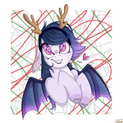 Size: 1150x1150 | Tagged: safe, artist:autumnheart462, oc, oc only, oc:irradiant crystalline, bat pony, pony, animal costume, antlers, bat pony oc, costume, female, heart eyes, mare, reindeer antlers, solo, wingding eyes, ych result
