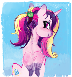 Size: 819x876 | Tagged: safe, artist:spectralunicorn, princess cadance, alicorn, pony, g4, cutie mark hair accessory, female, implied cadmac, implied shipping, implied straight, looking at you, ponytail, scrunchie, smiling, solo