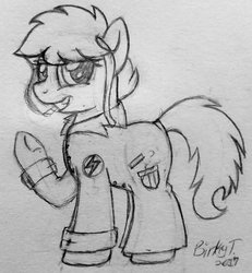 Size: 859x929 | Tagged: safe, artist:binkyt11, oc, oc only, oc:noir avery gumshoe, earth pony, pony, cigarette, clothes, female, grin, looking at you, mare, raised hoof, sketch, smiling, smoking, solo, traditional art, trenchcoat, underhoof