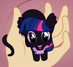 Size: 1782x1628 | Tagged: safe, artist:badumsquish, derpibooru exclusive, part of a set, twilight sparkle, alp-luachra, original species, pony, g4, alp-luachrified, badumsquish's kitties, cute, female, grin, hand, happy, holding a pony, in goliath's palm, looking at you, looking up, looking up at you, open mouth, pickle rick, sitting, size difference, smiling, solo, species swap, story in the comments, twiabetes, twiluachra
