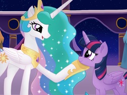 Size: 2732x2048 | Tagged: safe, artist:justsomepainter11, princess celestia, twilight sparkle, alicorn, pony, g4, my little pony: the movie, crown, female, high res, jewelry, looking at each other, mare, movie accurate, regalia, show accurate, smiling, twilight sparkle (alicorn)