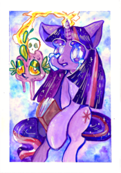 Size: 876x1252 | Tagged: safe, artist:flickex, spike, twilight sparkle, dragon, g4, crying, gouache, magic, painting, traditional art