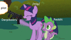 Size: 244x139 | Tagged: safe, edit, edited screencap, screencap, spike, twilight sparkle, dragon, g4, context is for the weak, gun, insane troll logic, metaphor, picture for breezies, shooting, weapon