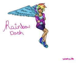 Size: 1472x1216 | Tagged: safe, artist:jessydraws, rainbow dash, human, g4, clothes, converse, female, hoodie, humanized, shoes, shorts, simple background, solo, tank top, white background, winged humanization, wings