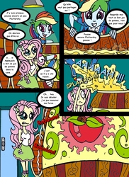 Size: 2382x3278 | Tagged: safe, artist:drsgrowth, fluttershy, rainbow dash, equestria girls, g4, barrel, clothes, comic, french, high res, skirt, tank top, translated in the description