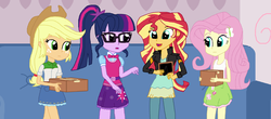 Size: 1600x706 | Tagged: safe, artist:thomaszoey3000, applejack, fluttershy, sci-twi, sunset shimmer, twilight sparkle, equestria girls, g4, clothes, cowboy hat, cute, denim skirt, freckles, glasses, hat, jacket, leather jacket, ponytail, skirt, stetson, tank top