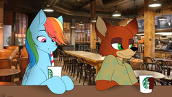 Size: 2120x1194 | Tagged: safe, artist:ggchristian, rainbow dash, fox, pony, g4, coffee, crossover, female, mare, nick wilde, starbucks, zootopia